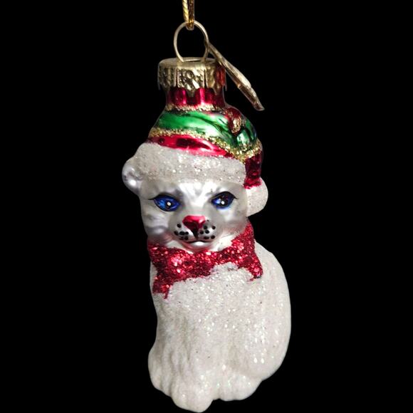 Christopher Radko White Cat Ornament Santa Hat & Scarf 3" Glass Glittered - Picture 1 of 4